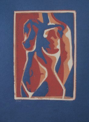 Linoldruck auf Papier mit abstrakter Darstellung Aktes in Blau, Ocker und Gelb